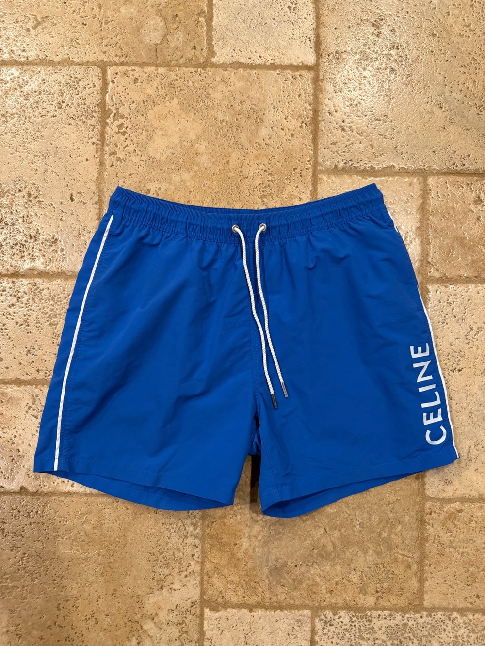 Celine x Hedi FW23 Royal Blue Swim Trunks Logo Print Shorts